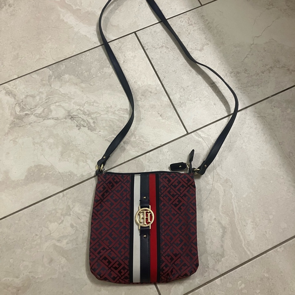 Tommy Hilfiger Navy and Red Patterned Crossbody Bag